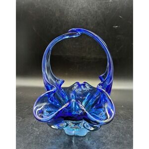 Vintage Royal Gallery Hand Blown Cobalt Blue & Green Glass Basket Czech Republic